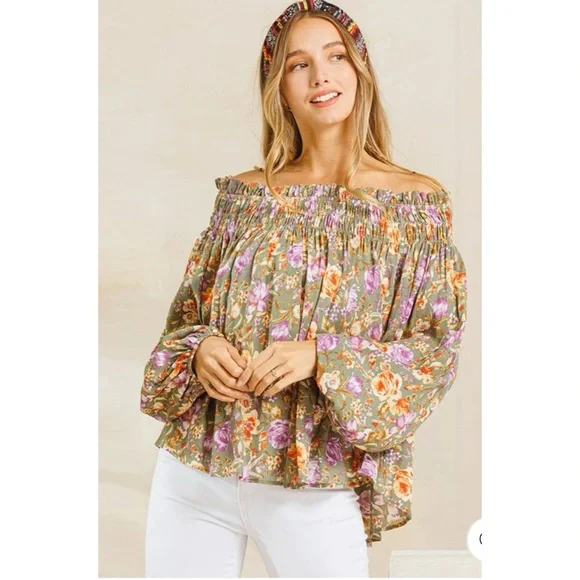 GREEN LONG SLEEVE OFF SHOULDER SMOCK FLORAL TUNIC TOP - Picture 1 of 3